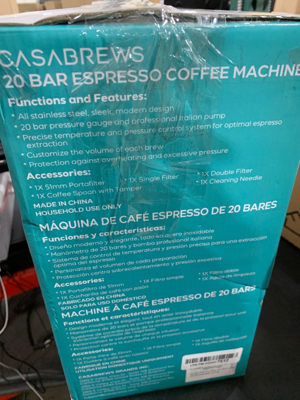 Photo 1 of CASABREWS Espresso Machine 20 Bar, Compact Espresso Maker with Steam Milk Frother, Stainless Steel Coffee Machine with 34oz Removable Water Tank for Cappuccino, Latte, Silver