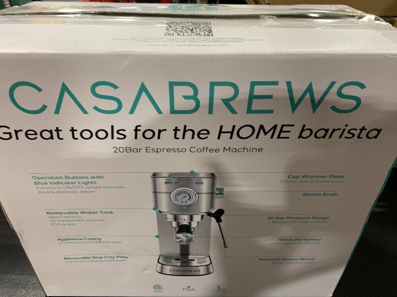 Photo 1 of CASABREWS Espresso Machine 20 Bar, Compact Espresso Maker with Steam Milk Frother, Stainless Steel Coffee Machine with 34oz Removable Water Tank for Cappuccino, Latte, Silver