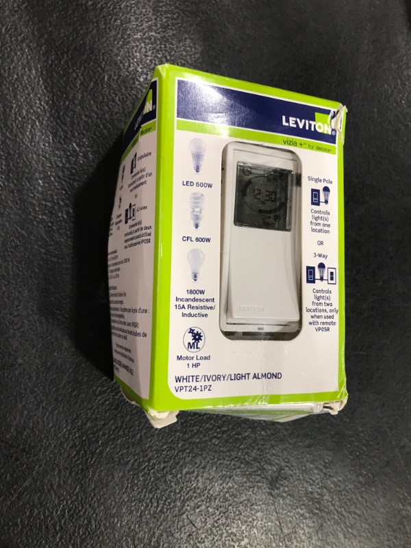 Photo 1 of Leviton Decora Programmable Timer Switch for Lights and Motor Loads, Neutral Wire Required, Single Pole or 3-Way, VPT24-1PZ, White with Ivory and Light Almond Faceplates