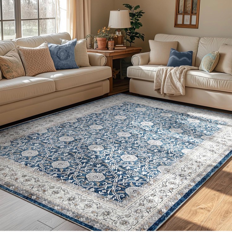 Photo 1 of jinchan Floral 5x7 Area Rugs for Bedroom - Machine Washable Vintage Distressed Boho Design Throw Rug Stain Resistant Carpet Low-Pile Thin Non-Slip for Nursery Living Room Dining Room (5‘x7',Drak Blue)