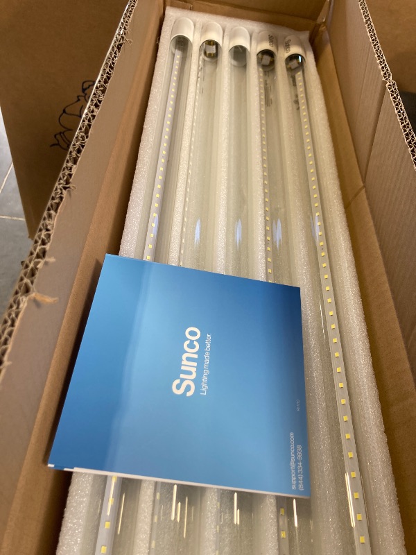 Photo 1 of Sunco 10 Pack T8 LED Tubes 4FT Fluorescent Replacement, 48 Inch, 18W, 2200LM, 6000K Daylight Deluxe, Single Ended Power, Type B, Clear Lens UL