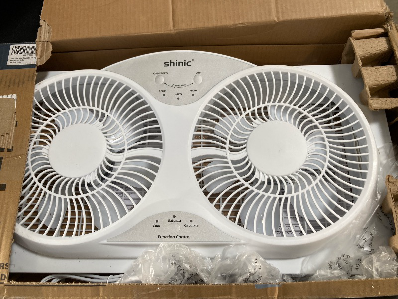 Photo 2 of shinic 9" Twin Window Fan with Reversible Airflow, Removable Cover and Bug Screen, Remote Control, 3 Functions-3 Speeds, Width Adjustable (23.5" to 37"), Bathroom Kitchen Window Fan ETL Certified