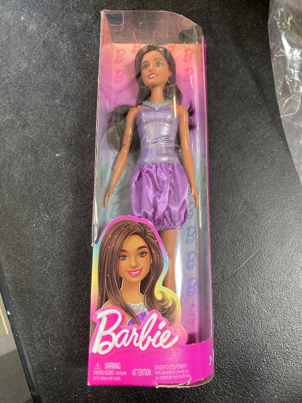 Photo 1 of Barbie Fashionistas Doll #234 with Brown Hair, Wearing Sequined Purple Bubble Dress with Satiny Skirt, Silvery Necklace and Heels