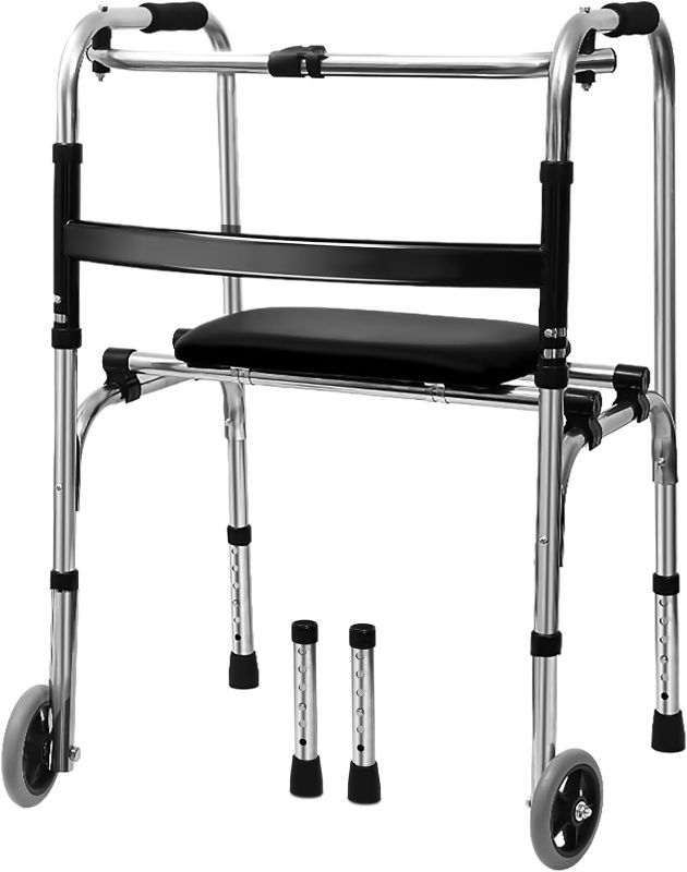 Photo 1 of Lefeke Folding Walking Frame with Wheels and Seat, Lightweight Stainless Zimmer Frame for Elderly, Stand-Assist Walking Aids, Folding Standard Walker, Portable Medical Walker (Up to 200 lbs)