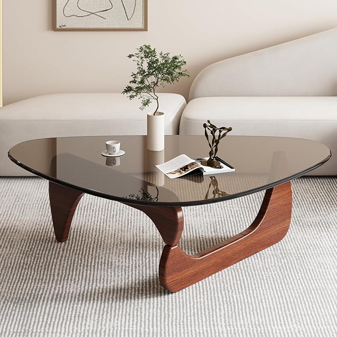 Photo 1 of Triangle Coffee Table in Walnut Mid Century Modern Solid Wood Base and Triangle Clear Glass Coffee Table for Living Room Low Minimalist Tea Table Coffee Tables (36 * 25.6 * 16, Walnut Teal)