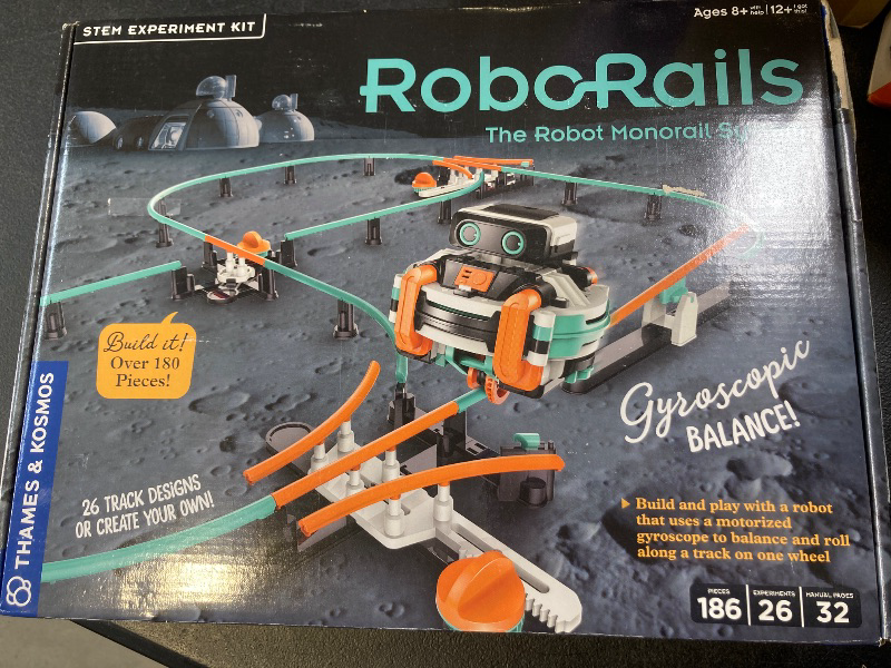 Photo 1 of Thames & Kosmos RoboRails STEM Kit, Toy of The Year Finalist, Build a Robot Monorail System w/Splitters, Cross Switch, Seesaw Mechanism, Modern-Day Model Train Set, Explore Physics, Gyroscopic Forces