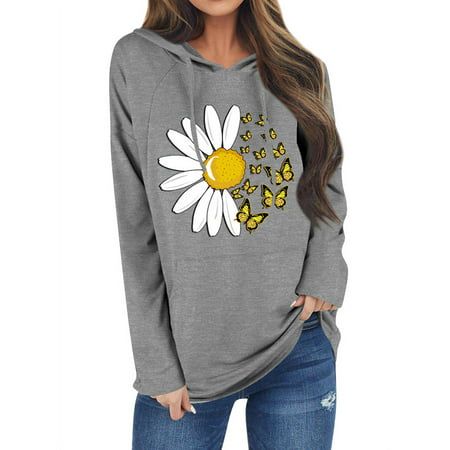 Photo 1 of TWZH Women Butterflies Daisy Graphic Print Hooded Pullover Top with Pocket Size S
