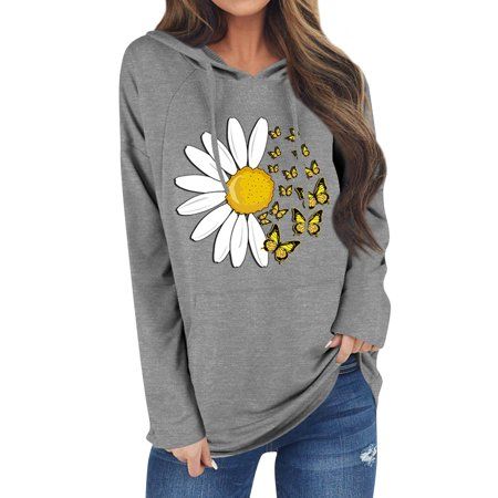 Photo 1 of TWZH Women Butterflies Daisy Graphic Print Hooded Pullover Top with Pocket Size L