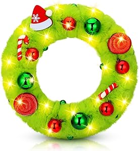 Photo 1 of VIHOSE Lime Green Red Christmas Wreath for Front Door Furry Fur Pre Lit 13.7inch Christmas Door Wreath LED Light Decorations with Mini Christmas Ball Hat for Window Fireplace Wall Party Decor
