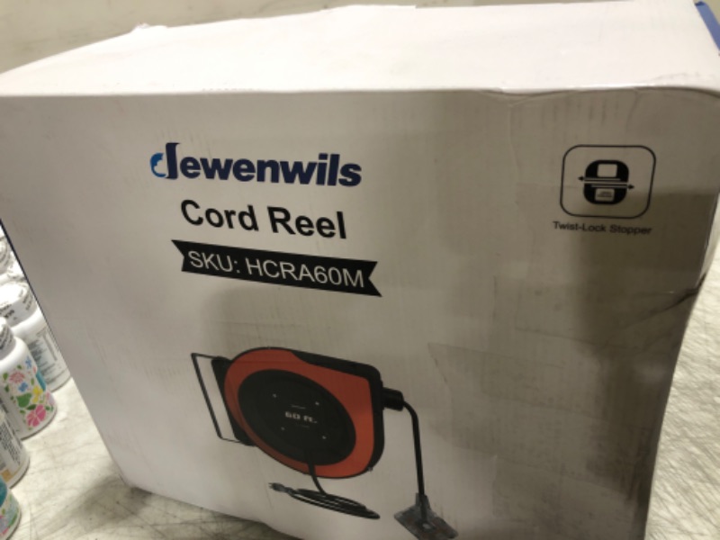 Photo 1 of DEWENWILS 60 FT Retractable Extension Cord Reel, 12/3C SJTOW Heavy Duty Power Cord, Twist-lock Stopper, 6 Grounded Outlets, 15A Circuit Breaker, Wall/Ceiling Mounted for Garage, Workshop, ETL Listed