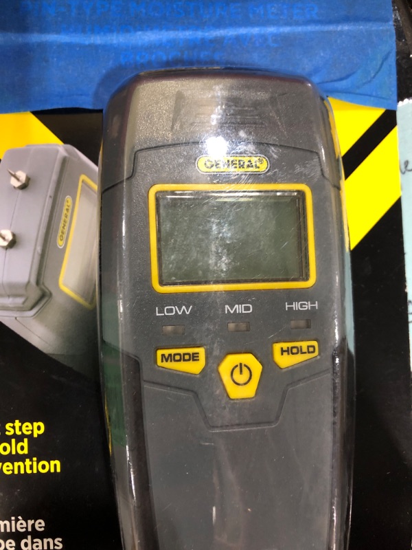 Photo 1 of General Tools MMD4E Digital Moisture Meter, Water Leak Detector, Moisture Tester, Pin Type, Backlit LCD Display With Audible and Visual High-Medium-Low Moisture Content Alerts, Grays