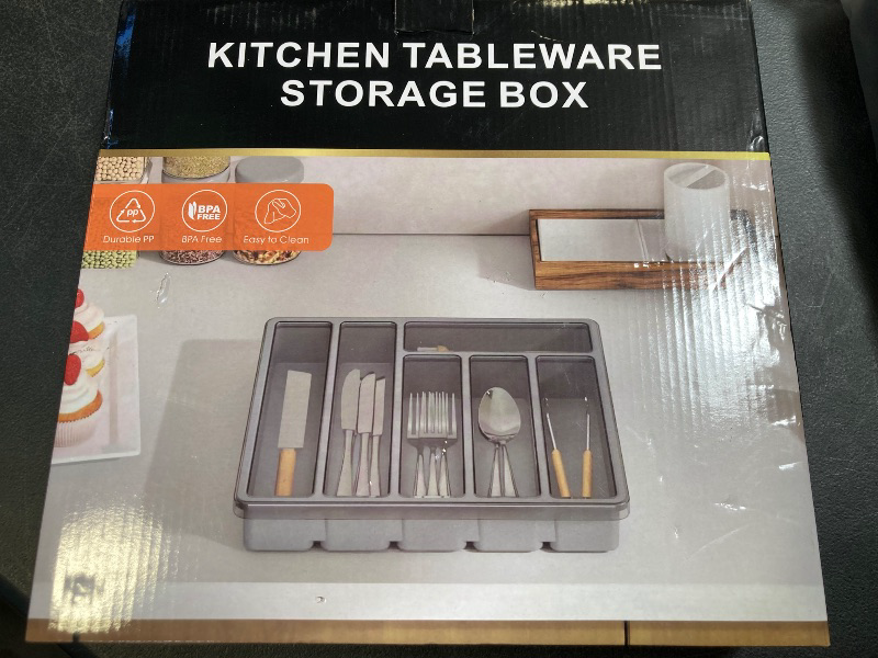 Photo 1 of Lifewit Silverware Organizer with Lid, Covered Utensil Tray for Kitchen Drawer and Countertop, Plastic Cutlery and Flatware Storage Box for Spoons Forks Knives Holder Case, 6 Compartments, Gray (Does Not Include Silverware)