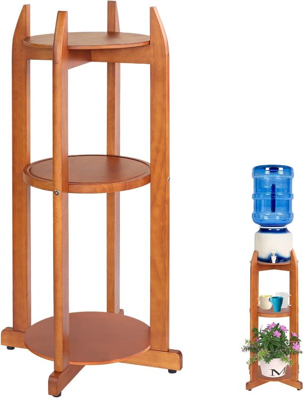 Photo 1 of Natural Solid Wood Water Dispenser Stand (32.8"Hight-11.2"Wide) Ceramic Water Dispenser Floor Stand, 5 Gallon Water Jug Stand with 3 Round Shelfs Included for 1-5 Gallon Water Bottles/Crocks/Water Jug