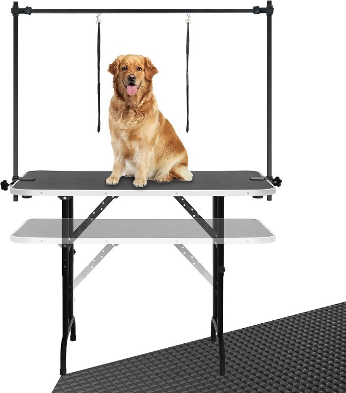 Photo 1 of LEIBOU 45'' Height Adjustable(23''~33.8'') and Foldable Pet Dog Grooming Table Heavy Duty Iron Frame with H-Shape Grooming Arm & 3 Noose, Maximum Capacity Up to 260lbs, Black