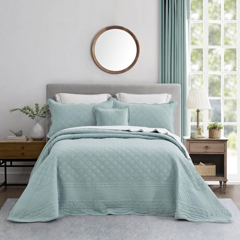 Photo 1 of CHIXIN Oversized Cotton Bedspread King Size - Real Stitching - Luxury Quilted Bedding Cover for All Season, Reversible, Ultra Soft, Lightweight, 3 Piece, Pale Blue