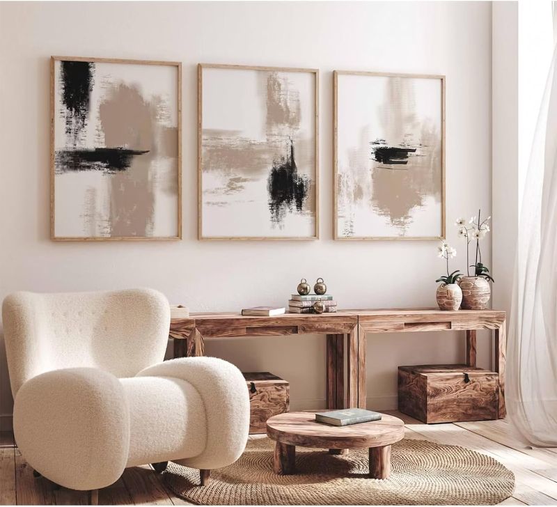 Photo 1 of oocrise Beige Abstract Wall Art Painting Set of 3 Neutral Canvas Wall Art Prints Black Beige Modern Wall Decor Minimalist Art Pictures Abstract Modern Artwork for Room Bedroom 24x36 Inch Unframed