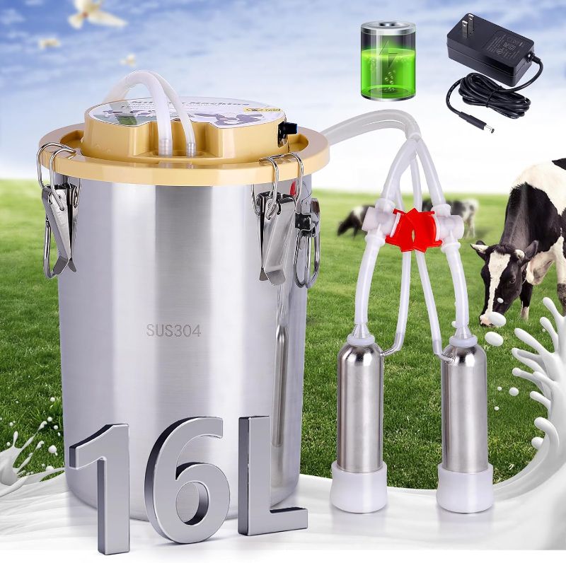 Photo 1 of 16L Cow Milking Machine Portable Automatic Cow Milker Machine Rechargeable Battery Powered Milking Machine for Cows with Powerful Pulsation Vacuum (16L for Cow)
