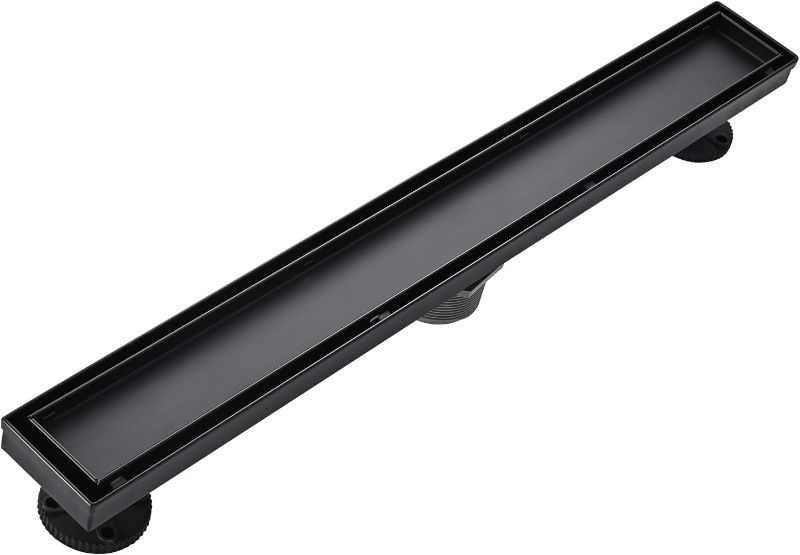 Photo 1 of Linear Shower Floor Drain, Black 24 Inch 304 Stainless Steel Bathroom Drains Kit, Rectangular Shower Trench Drain with Reversable Tile-in Pattern Drain Cover & Hair Catcher