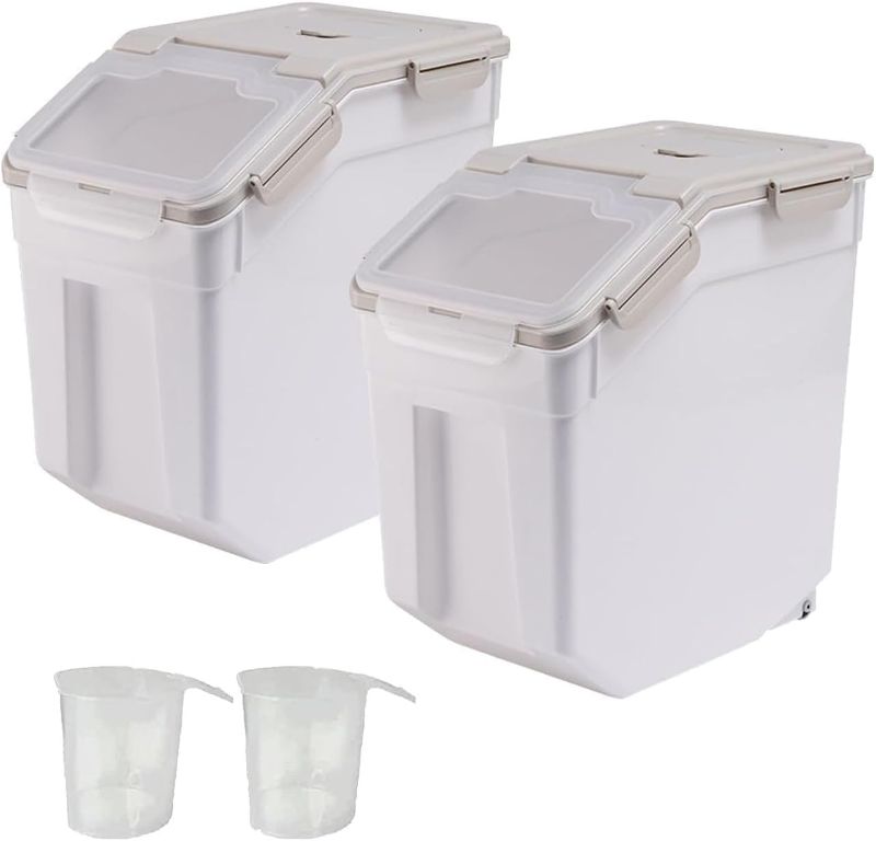 Photo 1 of 2 Pack 25lb Airtight Flour Storage Container BPA Free Dog Food Storage Container Large Cat Pet Grain Bin with Measuring Cup and Spoon for Kitchen Pantry Counter Top (Grey)