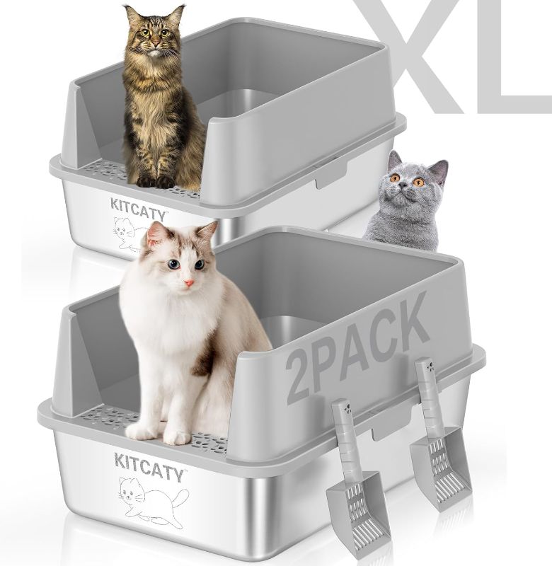 Photo 1 of 2PACK Stainless Steel Litter Box, Metal Litter Boxs with Lid High Sides, XL Extra Large Litter Box for Big Cats, Never Absorbs Odors, Leak-Proof, Stain-Free, Rust-Free, Easy to Clean, Scoop Included