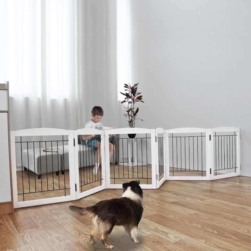 Photo 1 of ZJSF Freestanding Foldable Dog Gate Wooden Extra Wide White Puppy Gate 6 Panels Tall Pet Gate Dog Gates for The House Dog Fence