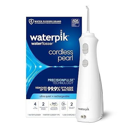 Photo 1 of Waterpik Cordless Pearl Rechargeable Portable Water Flosser for Teeth, Gums, Braces Care and Travel with 4 Flossing Tips - ADA Accepted, WF-13 White, Packaging May Vary