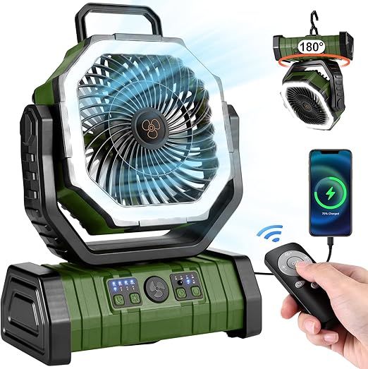 Photo 1 of Camping Fan with LED Lantern, Rechargeable Battery Operated Oscillating with Remote Hook Storage Bag, Portable Tent Fan with Timer, 4 Speeds for Outdoor RV Jobsite Power Outage, Dark Green