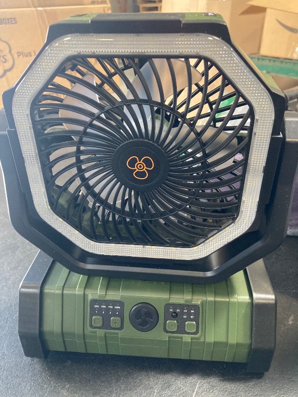 Photo 1 of Camping Fan with LED Lantern, Rechargeable Battery Operated Oscillating with Remote Hook Storage Bag, Portable Tent Fan with Timer, 4 Speeds for Outdoor RV Jobsite Power Outage, Dark Green