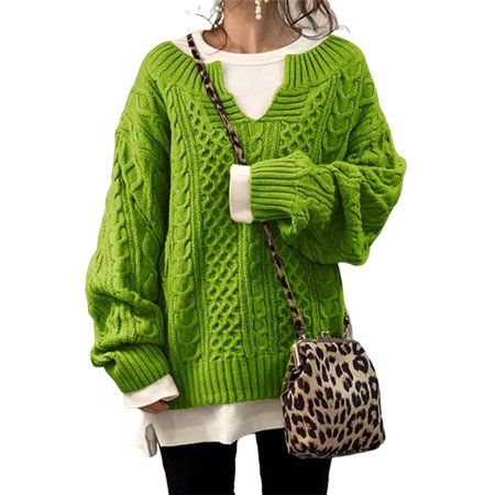 Photo 1 of Frontwalk Womens V Neck Sweaters Long Sleeve Cable Knit Pullover Jumper Tops Casual Winter Fall Chunky Knitwear Outwear Size  SMALL

