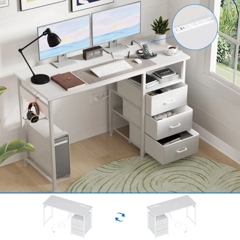 Photo 1 of 48 inch Computer Desk with Power Outlets, Home Office Desk with 3 Drawers, Writing Desk with Removable Monitor Shelf, Pure White
