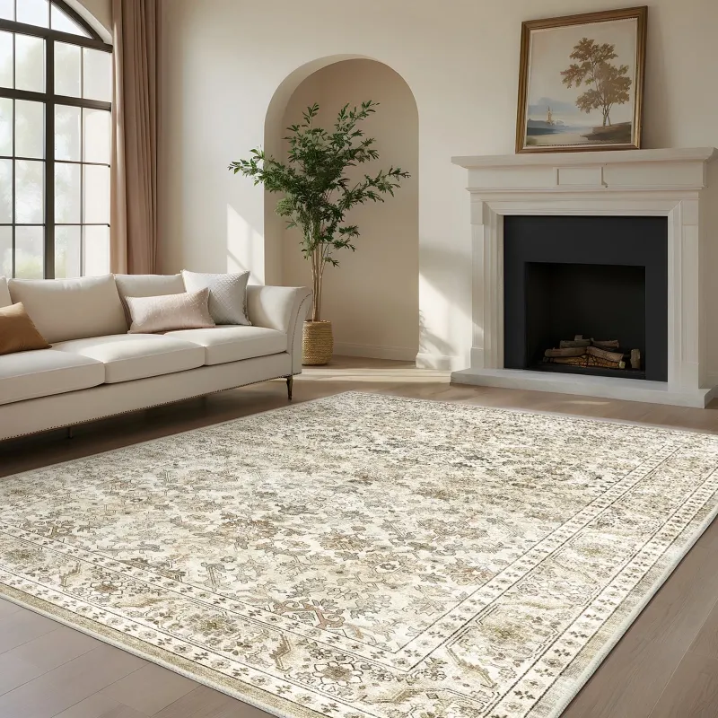Photo 1 of 9'x12' Area Rugs for Living Room Machine Washable Vintage Indoor Rug Low Pile Non Slip Carpet for Bedroom Dining Room Office Home Decor, Beige
