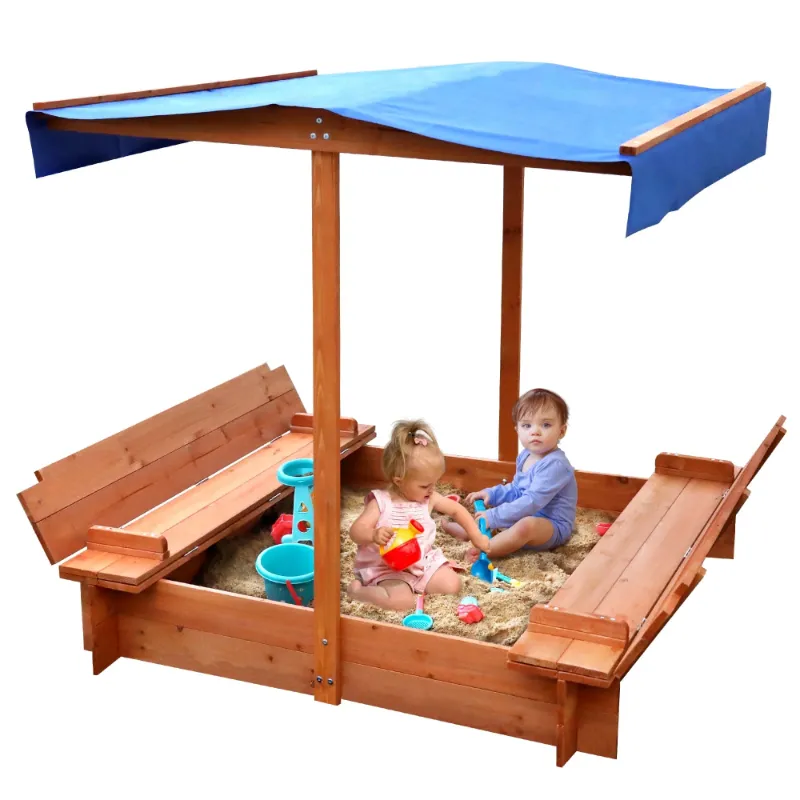 Photo 1 of 
FUNTOK Wooden Sandbox with Cover, 48x48"Sand Boxes for Kids w/ 2 Foldable Bench Seats & UV-Resistant Canopy, Children Outdoor Sandbox w/ Lid for Backyard Lawn
