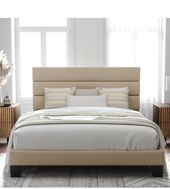 Photo 1 of Allewie Queen Size Platform Bed Frame with Fabric Upholstered Headboard and Wooden Slats Support, Fully Upholstered Mattress Foundation/No Box Spring Needed/Easy Assembly, Beige