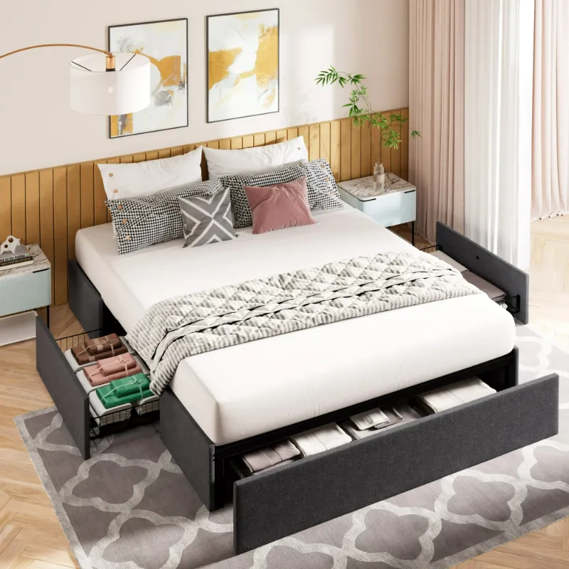 Photo 1 of Amolife Queen Size Upholstered Platform Bed Frame with 3 Storage Drawers and Wooden Slats, Dark Gray
