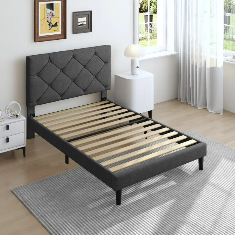Photo 1 of **** mising part  mUHOMEPRO Upholstered Platform Twin Bed Frame with Headboard, Modern Gray Fabric Linen Twin Bed Frame with Wood Slat Support, Mattress Foundation for Adults Kids, No Box Spring Needed
