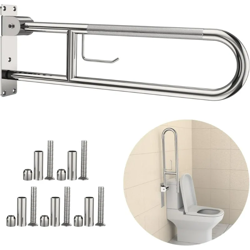 Photo 1 of Toilet Grab Bar 30.3 Inch, ZUEXT Flip Up Grab Bar with Paper Holder, Polished Chrome Anti-Slip Safety Bars for Toilet, Stainless Steel Knurled Toilet Handles for Seniors Disabled Elderly Pregnant

