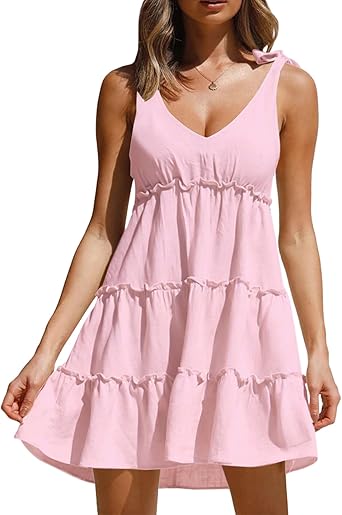 Photo 1 of AIMCOO Women's Sleeveless Tie Shoulder Tiered Frill Swing Dress V Neck High Waist Loose Dresses Solid Mini Babydoll Dress
