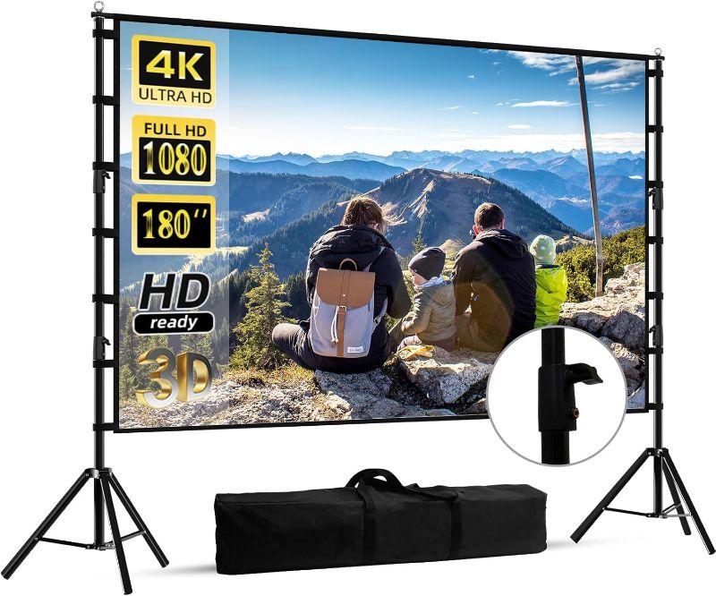 Photo 1 of 180 inch Projector Screen with Stand,HUANYINGBJB Outside Projection Screen, Portable 16:9 4K HD Rear Front Movie Screen with Carry Bag for Theater Backyard Movie Night,Cinema School, Churches,Parties