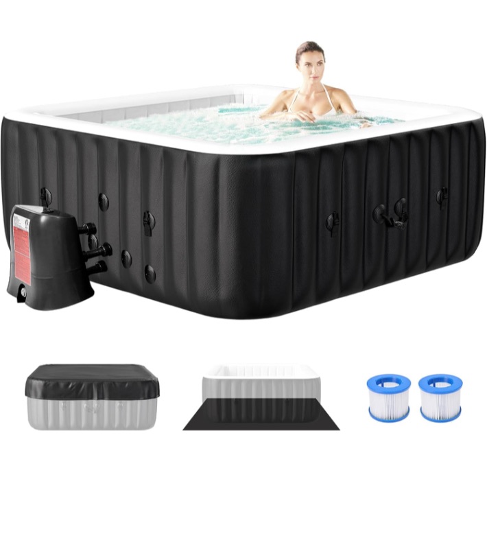 Photo 1 of 4-6 Person Inflatable Hot Tub, Large Square Portable Blow up Hot Tub, Leak-Proof PVC Outdoor Spa with 130 Air Jets, Insulated Cover and Heater Pump