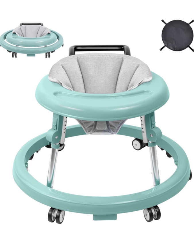 Photo 1 of Baby Walker, Foldable 9-Gear Height Adjustable Baby Walker with Wheels, Infant Toddler Walker with Foot Pads, Anti-Fall Baby Walkers and Activity Center Bouncer Combo for Boys and Girls 6-24 Months