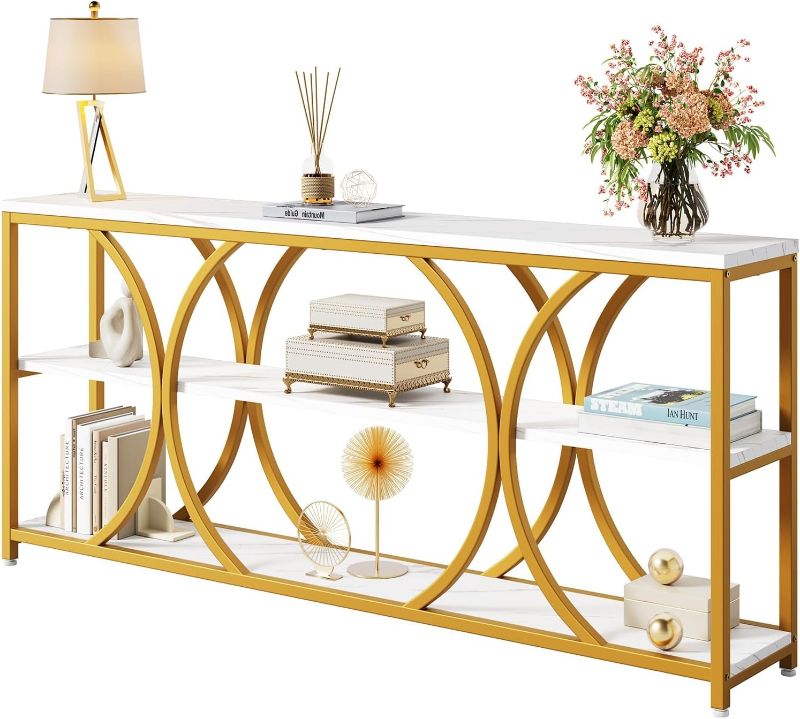 Photo 1 of ***MISSING PARTS/PARTS ONLY**Modern Console Table,70.8 Inch Extra Long Entryway Table with 3 Tier Storage Shelves for Living Room,Hallway, Entrance,Sofa Table with Geometric Gold Frame & Faux Marble Tabletop, White and Gold
