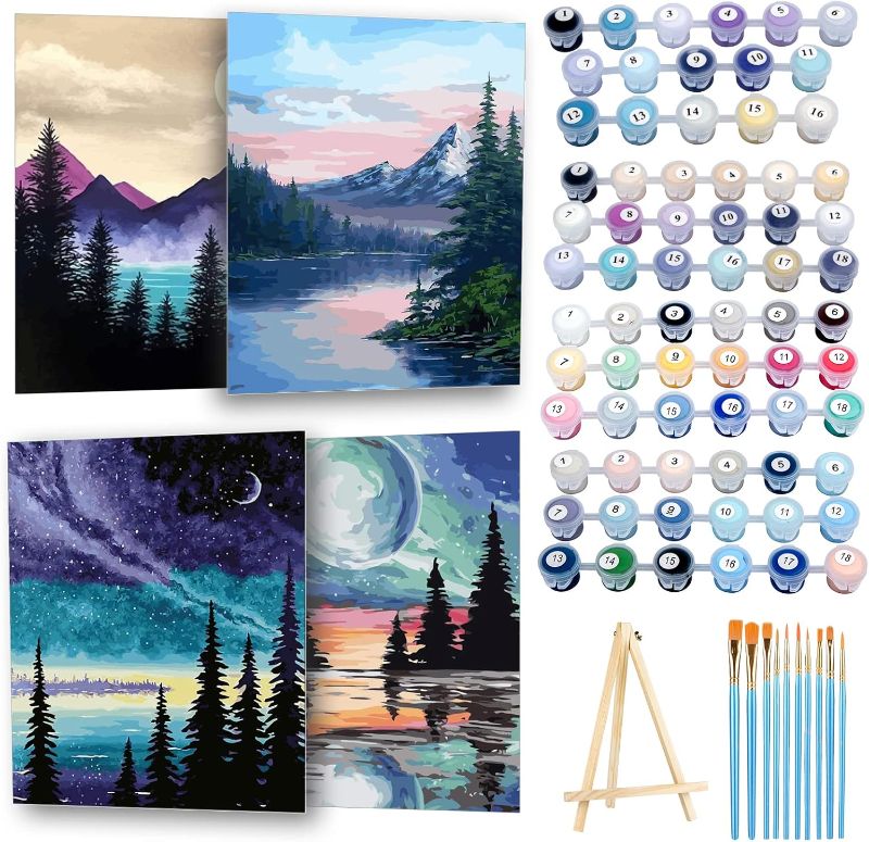 Photo 1 of 4 Pack Paint by Number for Adults Framed Canvas, DIY Arts and Crafts for Adults Beginner with Wooden Easel, Paint Brushes, Acrylic Paint Set for Home Wall Decor, 9 * 12 Inch
