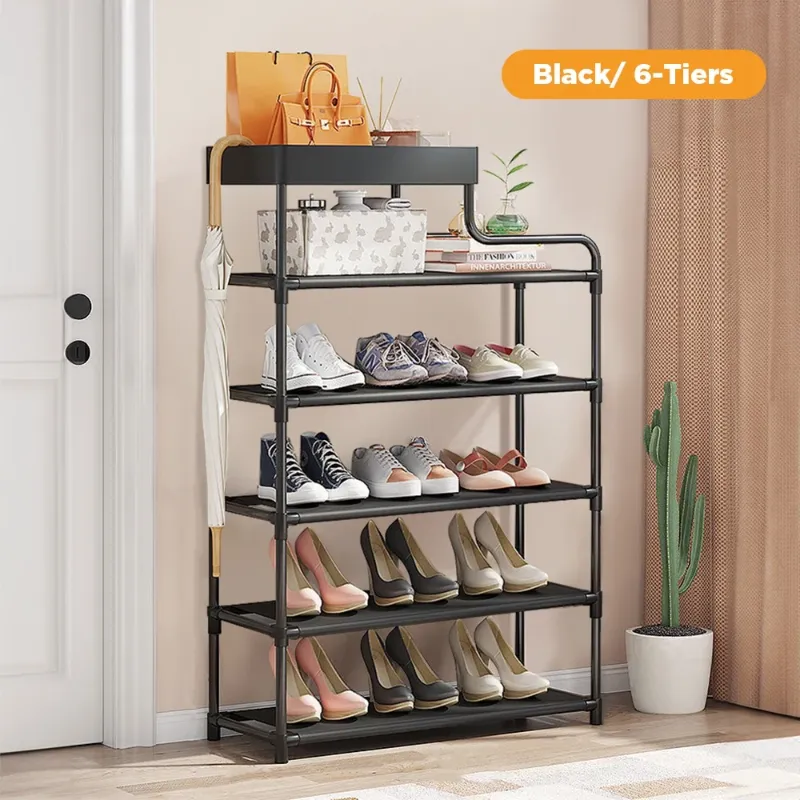Photo 1 of 6-Tier Free Standing Shoe Rack, 39.7In Shoe Shelf, Entryway Shoe Organizer Storage Cabinet, with 5 Fabric Shelves and Storage Top for Bags or Shoes, Black

