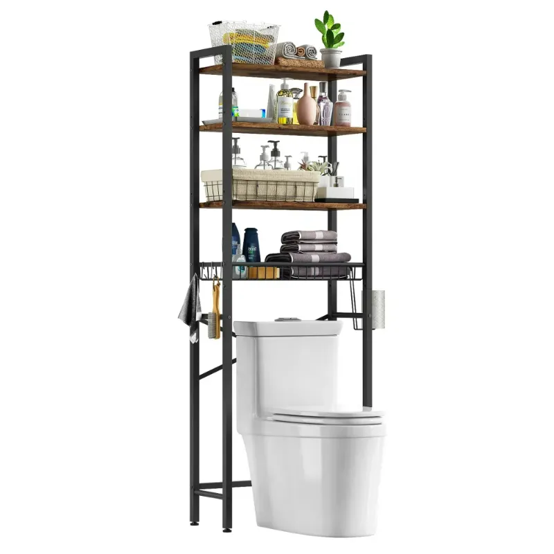 Photo 1 of Biemlerfn Over The Toilet Storage Shelf, 4-Tier Wooden Bathroom Organizer Adjustable Saver Space Rack with Toilet Paper Holder, Brown