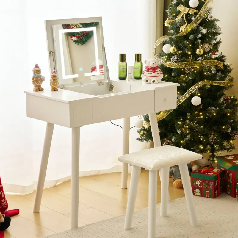 Photo 1 of ***PARTS ONLY***
Ktaxon Lighted Makeup Vanity Table Set,Flip-top Mirror Dressing Table with LED Light, Writing Desk with Drawer and Stool, White
