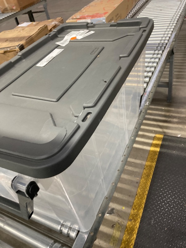 Photo 1 of Sterilite 2-Pack Stackable Storage Bins w/ Latching Lids & Wheels, 160 Qt., Gray Lid