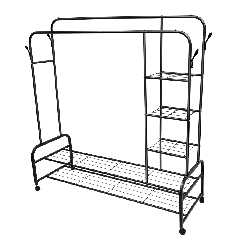 Photo 1 of ALSO GO 3-In-1 Double Rod Clothes Rack with 4-Shelf, Metal Clothing Rack with Wheels & 4 Hooks, Portable Heavy Duty Garment Rack with Double Bottom Shelves, Freestanding Organizer for Bedroom, Black
