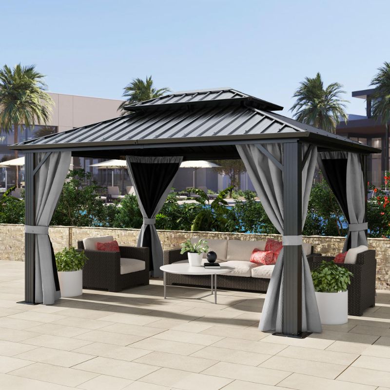 Photo 1 of ***BOX 1 OF 2*** DWVO 10x12ft Hardtop Gazebo Double Roof with Nettings and Curtains, Heavy Duty Galvanized Steel Outdoor Vertical Stripes Roof for Patio, Backyard, Deck, Lawns, Grey
