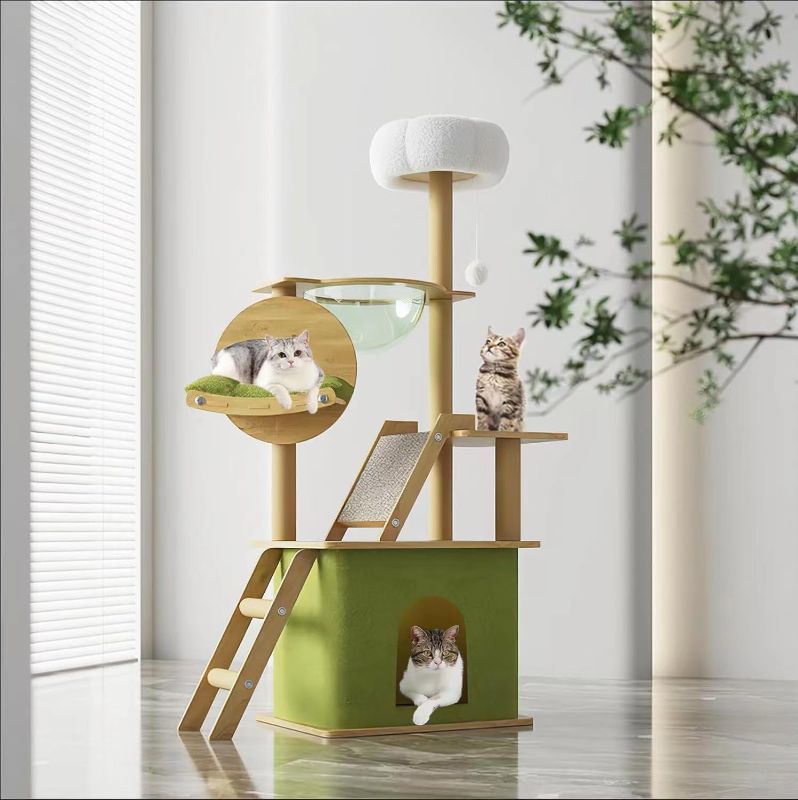 Photo 1 of 59.1-Inch-Green Cat Tree for Indoor Cats Large Adult, with Cat Condos,Cat Scratchers,Cat Hammock,Space Capsule, Plush Jumping Platform,Hanging Ball,Cat Trees for Indoor Cats(Green/Log Color)
