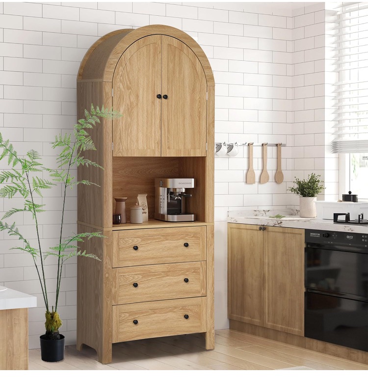 Photo 1 of 71' Tall Arched Storage Cabinet with Drawer, Farmhouse Bookcase with Door, Freestanding Tall Pantry with Countertop for Kitchen, Living Room (Natural, 71inch)